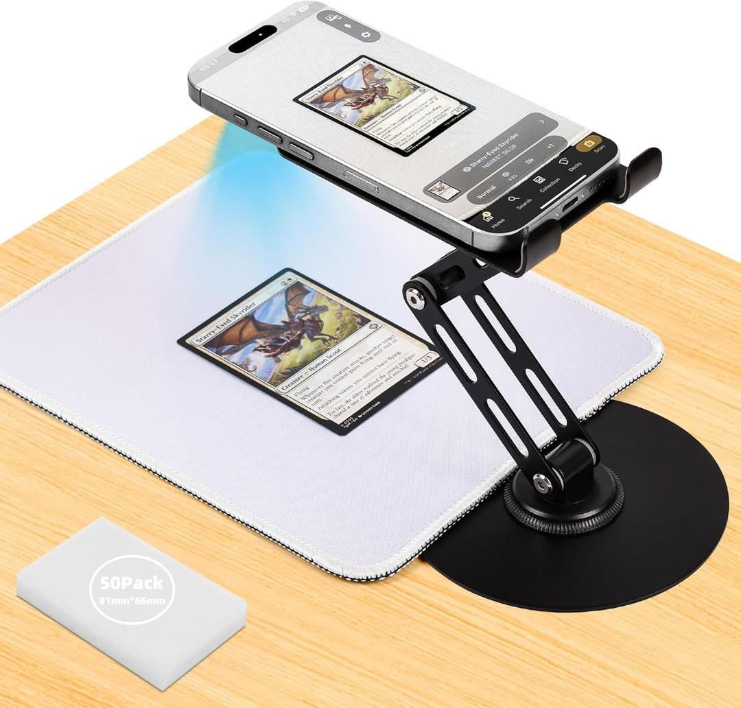 Foldable MTG Trading Card Scanner Stand,Carbon Steel Phone Holder Includes 50 Standard Size Card Sleeves and Scanning Pad,Ideal for Quickly Scan and Price Check