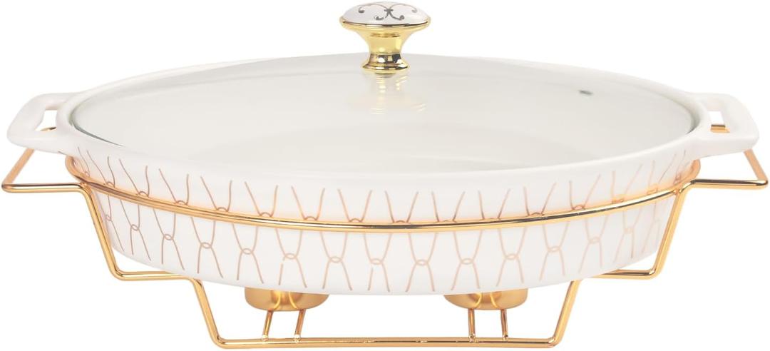 Ceramic Casserole Dish with Glass Lid and rack, 54 ounce Serving Soup Tureen,Chafing Dish for Buffet, Family Food preserve Tray, Catering Casserole for Party Style, White 14.2 Inch Oval