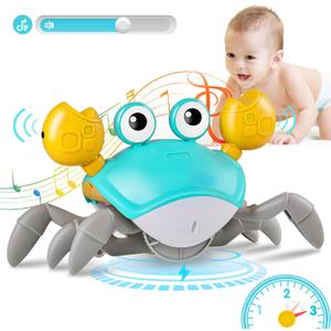 PintreeLand Crawling Crab Baby Toys Upgrade Version  3 Speed & Music Control, Infant Tummy Time Interactive Walking Toddler Toy for 3 4 5 6 7 8 9 10 11 12 Year Old Boys or Girls (Blue)
