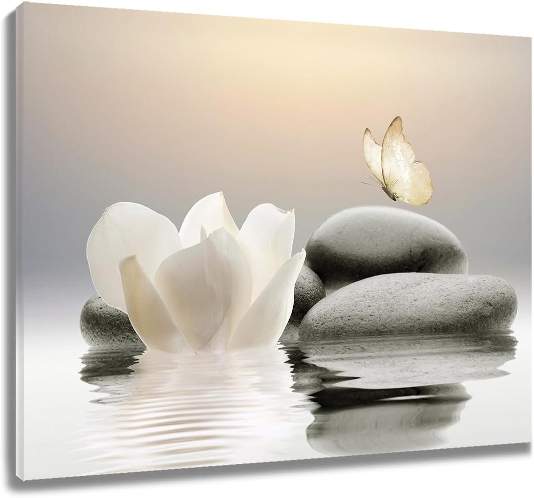 EOBTAIN Zen White Flower Canvas Wall Art Floral and Butterfly on Stone Modern Framed Picture Yoga Spa Spiritual Painting Artwork Print Decor for Bathroom Bedroom Living Room 24x16 Inches (16L" x 24W", Grey)
