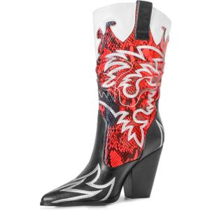 Women Cowboy Boots Mid Calf Embroidered Cowgirl Knee High Chunky Heel Western Pointed Toe (12)