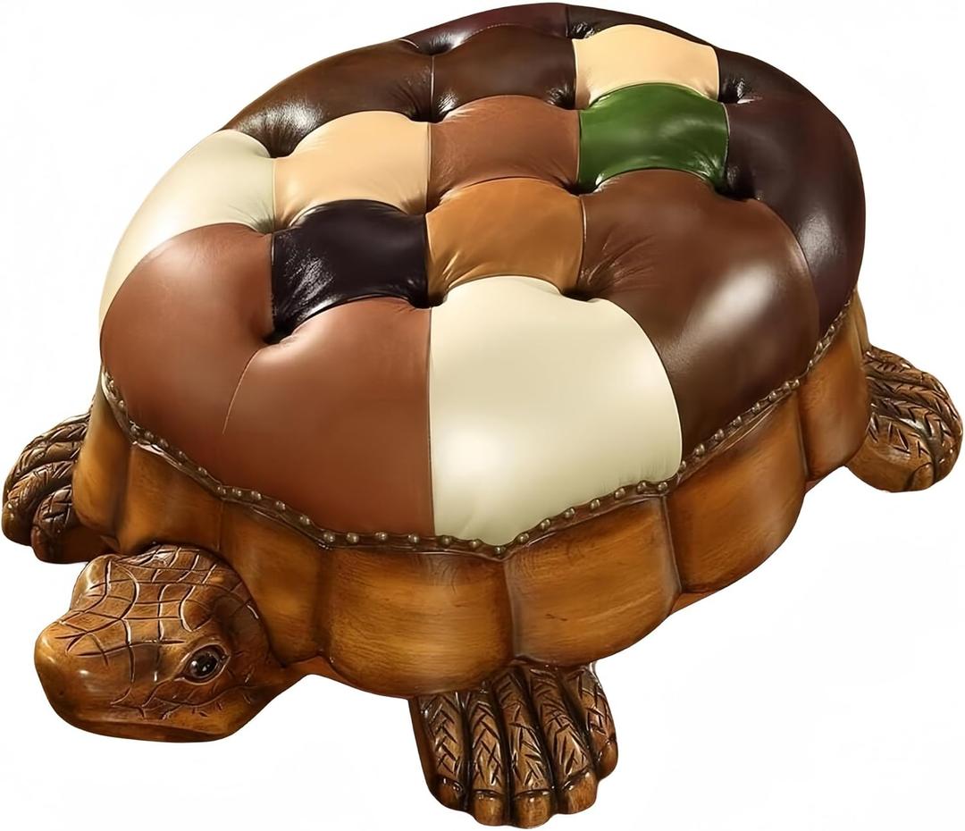 Wood Ottoman Footstool,Sofa StoolLeather Upholstered Vintage Turtle Footrest Stool with Wheels (Multi-Colored)