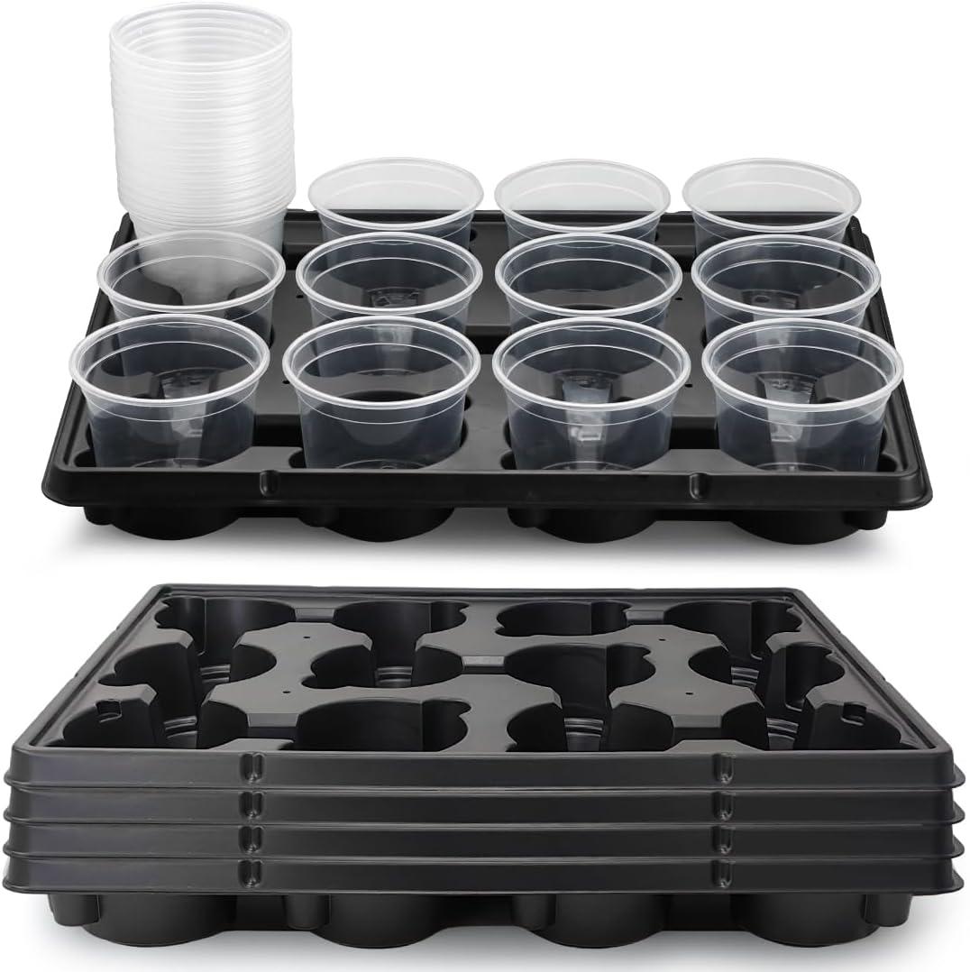12 Cell Nursery Pot Trays 5 Pack with 4 Inch Clear Plant Pots 60 Pack, Thick Sturdy Seeds Starting Germination Shuttle Carrying Trays, Black Small Planter Nursery Propagation 5 Sets (4 Inch 60 Pack Pots With 5 Pack Trays, Black + Clear)