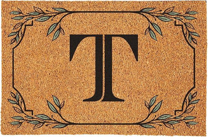 Evergreen Flag Monogram Large Coir Doormat, 36x24 Inches Front Door Mat for Outdoor Indoor Entrance, Welcome Mat Non-Slip Doorway Rug, New Home Housewarming Gift, Letter T