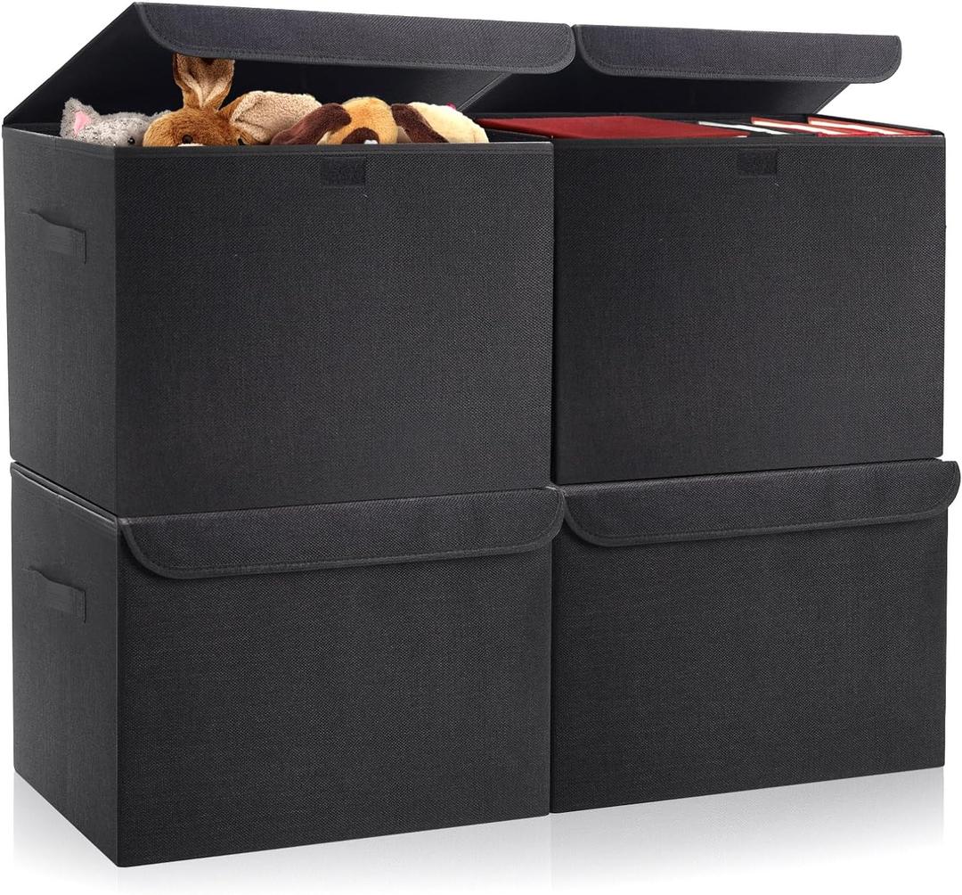Large 22 Quart Linen Fabric Foldable Storage Bin Cube Organizer Basket with Flip-Top Lid & Handles, Clothes Blanket Box for Home, Office, Closet, Black, 4 Pack 14.6 x 9.5 x 9.5