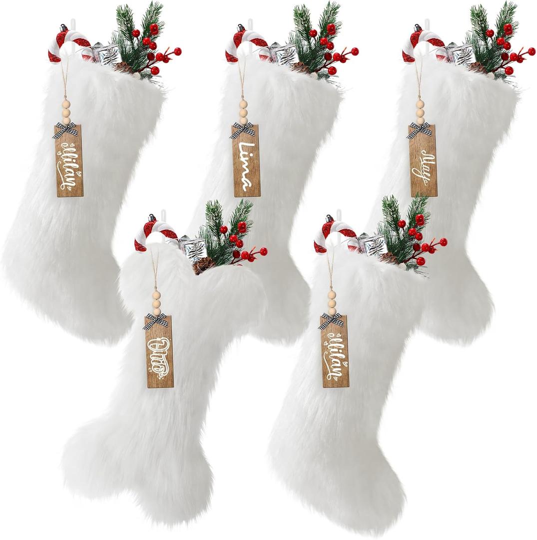 5 Pack Personalized Christmas Stocking for Pet Family with Name Tags 18'' Large Faux Fur Hanging Pet Xmas Stocking for Christmas Fireplace(Dog Bone)
