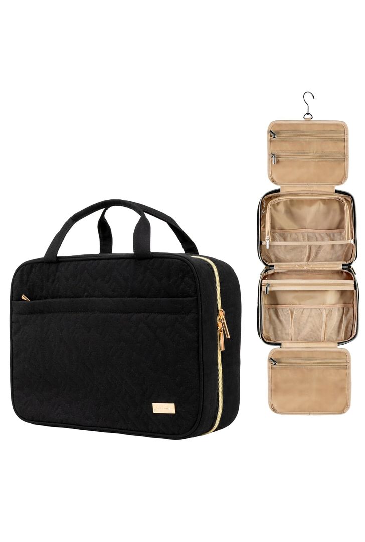 Carrywell (Not Made In China) Travel Toiletry Bag For Women, Hanging Toiletry Bag, Water-Resistant Cosmetic Organizer for Makeup, Shampoo, Accessories and Essentials (Black, Medium)