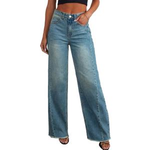Sidefeel Women's Wide Leg Jeans High Waisted Stretchy Raw Hem Zimbaplatinum Denim Pants (2, Light Retro Blue)