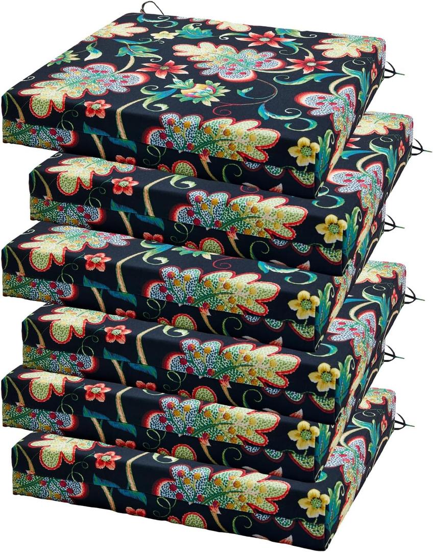 Outdoor Chair Cushions Set of 6, 18.5 x 16 Inch Patio Chair Cushions for Outdoor Furniture, Water Resistant, Non-Slip Ties (Black Floral)