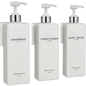 Luxury Shampoo and Conditioner Dispenser Set Wall Mounted by Brighter Barns - Shower Bottles 3 Chamber No Drill - 16oz Refillable Shampoo Dispenser for Shower Wall, Vacation Home, Hotel (White/Silver)