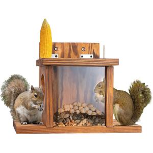 MIXUMON Wood Squirrel Feeder, Squirrel Feeders for Outside Winter, Wooden Chipmunk Feeder for Corn, Peanuts, Durable Box Easy to Fill with Removable Front Panel (Style 1)