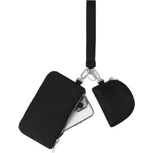 Mini Zip Around Wristlet Keychain Wallet for Women Detachable Dual Pouch Wristlet Portable Phone Coin Purse Coin Pocket (Black+Silver)