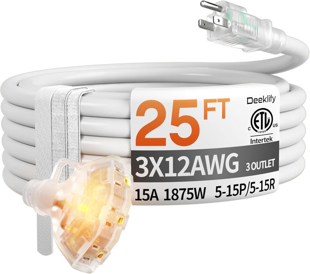 25 ft 12 Gauge Heavy Duty 3 Outlet Extension Cord Splitter with Indicator, Waterproof Outdoor Extension Cord with Multiple Outlets, 15A 1875W for Small Appliances, ETL Listed, White SJTW