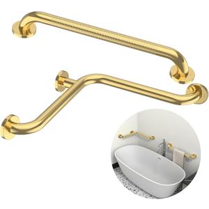 Gold Corner Grab Bar 16x16 Inch w/Knurled Grab Bar 20 Inch, Zepolu Stainless Steel Angled Bathroom Grab Bars, L-Shaped Support Bar for Shower Toilet, Wall Mount Safety Handrail for Seniors Disabled