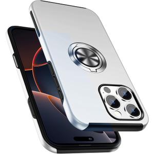 PELEPUES Shockproof Case for iPhone 16 Pro Max, [Embedded Finger Ring] Military Grade Phone Case Cover with Reinforced Metal Stand Kickstand [Support Magnetic Car Holder] for iPhone 16 6.9'', Silver