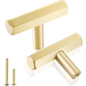QOGRISUN 5-Pack Solid Brass Cabinet Knobs Hexagon Drawer Handles,Single Hole Handles, Suitable for Kitchen Bathroom Dresser Cupboard Hardware, 2-Inch Total Length, Brushed Finish