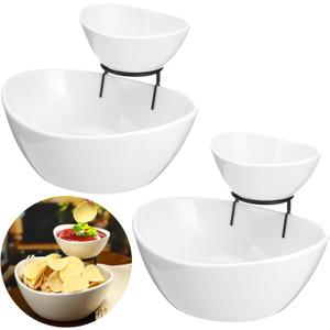 2 Set Chip and Dip Serving Set 2 Tier Chip and Dip Serving Dish Porcelain Appetizer Bowl and Platter with Stand for Food Taco Bar Salad Display Dessert Entertaining Party(Black,Classic Style)