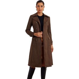 Long Faux Suede Jacket Women Fall Winter Trench Coat with Pockets Belt Double Breasted Pea Coat Overcoat, Dark Coffee XL