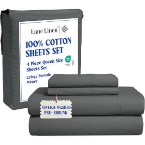 LANE LINEN Queen Sheet Set  Long-Staple 100% Cotton, Pre-Shrunk Bed Sheets in Crisp Percale Weave, Made for Everyday Luxury & Soft Comfort Sleep, Low Pill, 15 Deep Pocket Queen Sheets  Charcoal