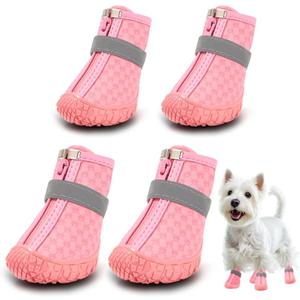 Dog Shoes for Small Dogs, Waterproof Dog Boots Paw Protector for Hot Pavement Winter Snow, Dog Booties with Reflective Strips Rugged Anti-Slip Sole for Hardwood Floors Outdoor Walking Pink Size 3