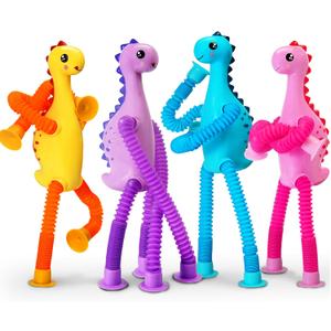4Pcs Dinosaur Airplane Travel Car Ride Toys for Toddlers Kids Boys Girls Sensory Suction Cup Tube ADHD Autism Road Trip Car Activities Essential Stocking Easter Basket Stuffer Valentines Gift