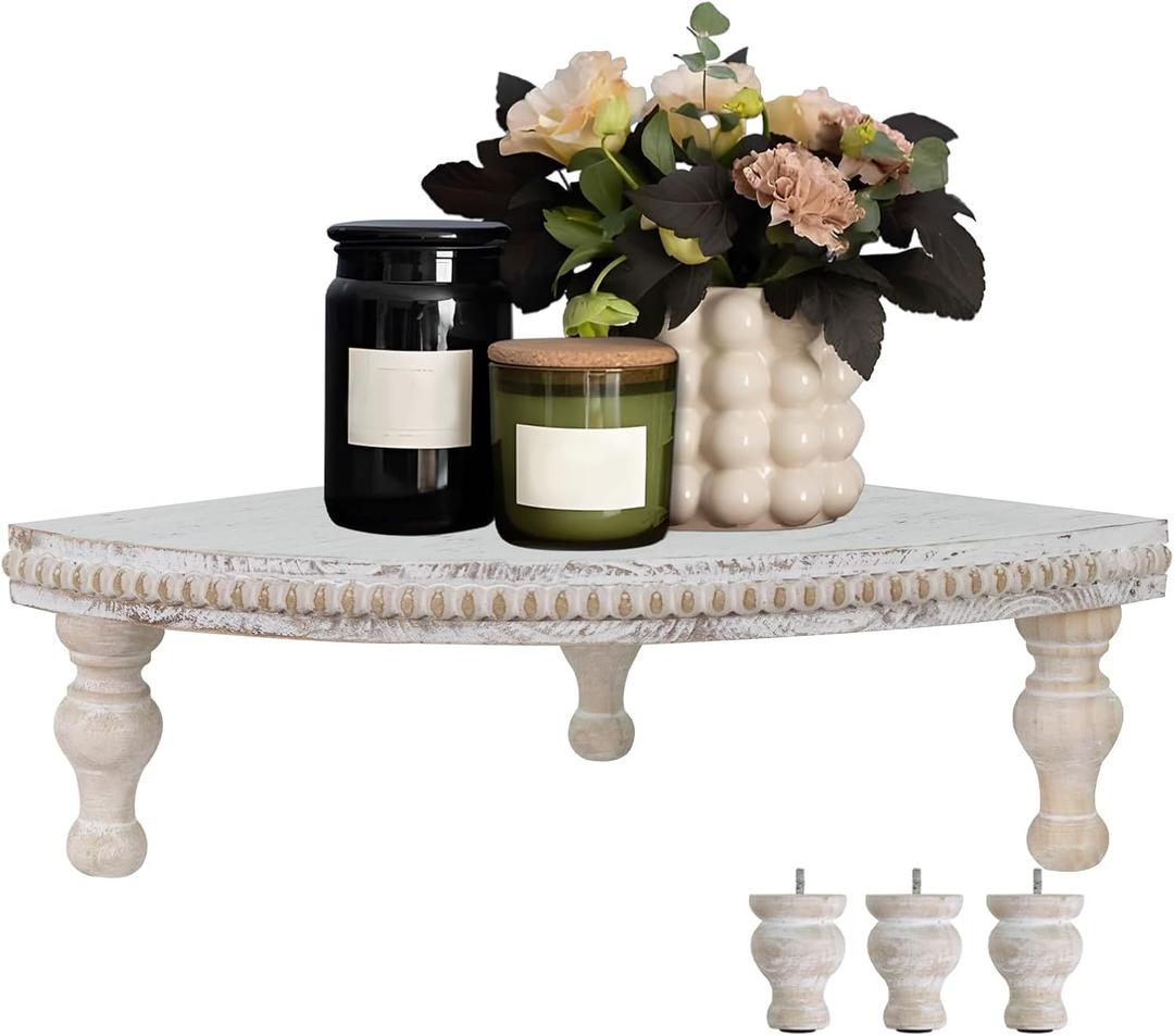 MAONAME Vintage White Corner Pedestal Stand, Rustic Decorative Riser for Display, Farmhouse Wood Corner Counter Shelf with Beaded