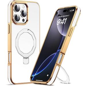 RIASOLIN Compatible with iPhone 16 Pro Case with Invisible Magnetic Stand, Compatible with Mag-Safe Luxury Phone Case for iPhone 16 Pro [Plating Gold Edge & Leather Inlay], White