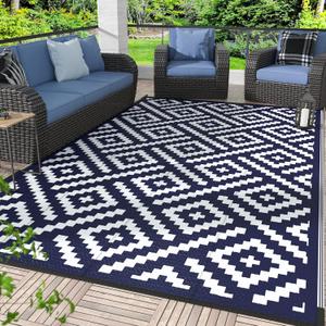 GENIMO Outdoor Rug for Patio Clearance,9'x12' Waterproof Large Mat,Reversible Plastic Camping Rugs,Rv,Porch,Deck,Camper,Balcony,Backyard (Navy Blue & White)