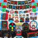 Gamer Birthday Party Decorations Video Game Plates and Napkins Cups GO WIN Honeycomb Centerpieces Hanging Swirls Balloons Cake Toppers LEVEL UP Bracelets Tablecloth Gaming Birthday Party Supplies