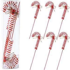 6Pcs Christmas Tree Decorations PicksRed White Woolen Candy Picks 14 Inch Xmas Tree Topper Ornaments for Christmas Wreath DIY Craft Home Vase Filler Party Supplies