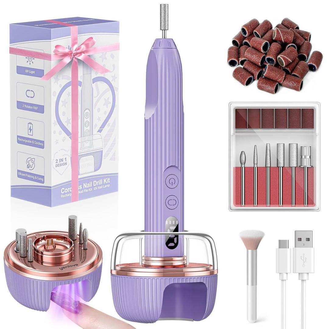 Electric Nail File, Nail Drill Kit with Nail Lamp,Cordless Nail Filer for Acrylic Gel Nails, Professional Nail Drill Machine Polishing Tool Manicure Pedicure Kit Efile Nail Supplies for Home Salon (Purple)