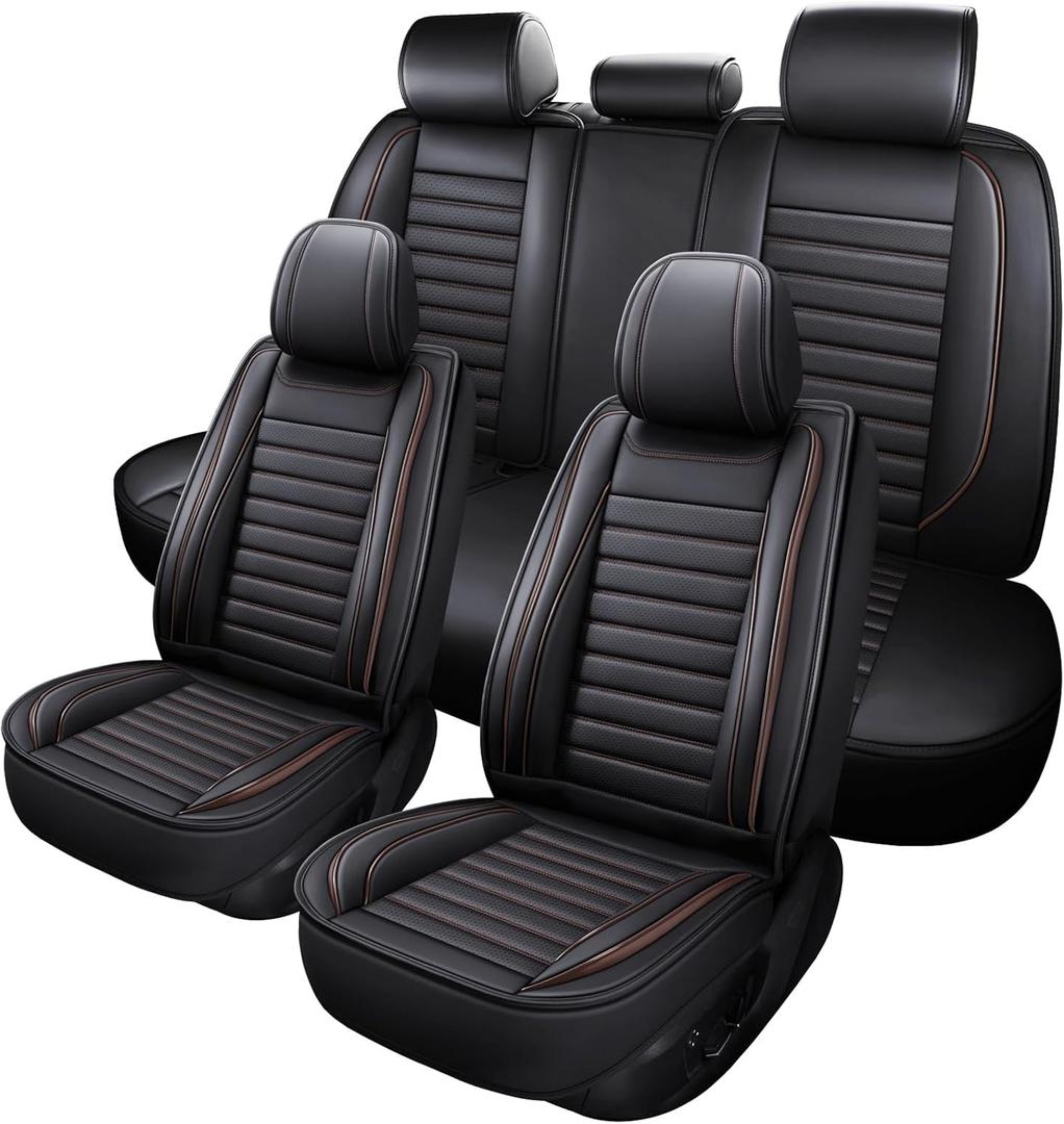 Car Seat Covers for Cars, Faux Leather Seat Covers for Cars SUV Super Breathable Universal Automotive Seat Covers Fit for Most Sedans Balck Brown (Full Set)