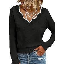 Women’s V Neck Sweater with Lace Trim, Long Sleeve Soft Knit Pullover Top Casual Fall Winter Outfits M