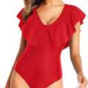 Tempt Me Women Red Flounce One Piece Swimsuit Ruffle V Neck Tummy Control Bathing Suit for Teen Girls Large, Red