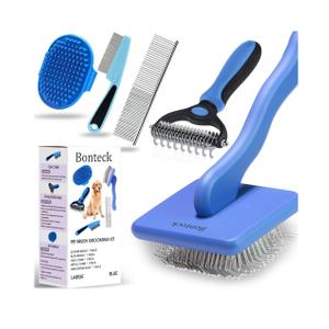 Dog Slicker Brush for Dogs Grooming Kit 4PCS | Large Dog Brush for Goldendoodles Poodles Doodles | Long Pin Haired Brush | Poodle Brushes and Comb (Blue)
