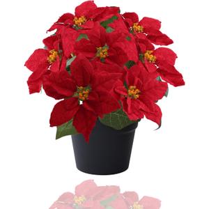 Poinsettias Artificial Christmas Flowers Red Faux Poinsettia Outdoor 15 Inch Winter Flowers for Home Office Table Decorations Indoor Outdoor Xmas Ornament
