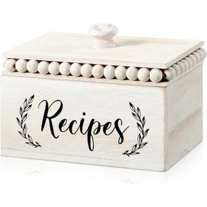 Kathfly Rustic White Recipe Box Wooden Beaded Recipe Holder and Organizer for Farmhouse Bridal Shower Wedding Registry Must Haves for Wedding Birthday Housewarming
