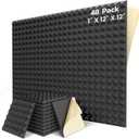 48 Pack Sound Proof Foam Panels for Walls with Self Adhesive, 12" X 12" X 1" High Density Acoustic Panels Sound Absorbing, Pyramid Design Soundproof Wall Panels for Studio and Home - Black