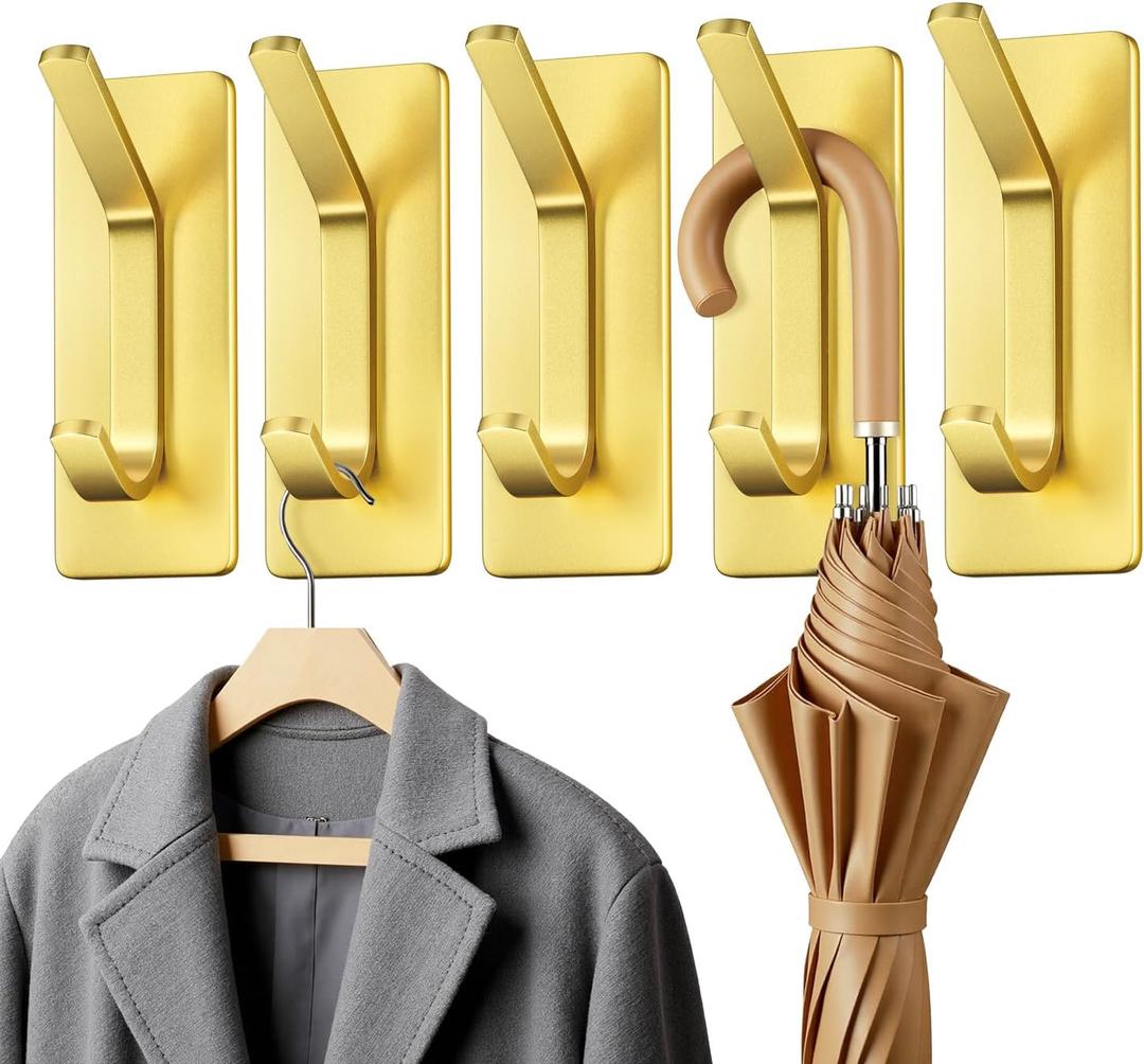 Auxmir 5 Pack Self Adhesive Hooks for Hanging 15lb, Wreath Hanger for Front Door, Stainless Steel Towel Hooks for Wall, Waterproof Rustproof Adehesive Coat Hooks for Bathroom Kitchen Office RV, Gold (3.15"x1.18"-Gold)