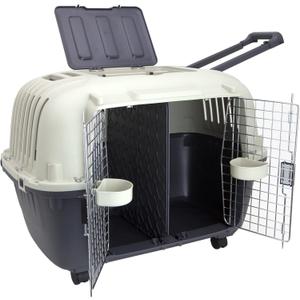 SportPet Airline Compliant 2-Door Large 34.5" Travel Dog Kennel - Durable Plastic Pet Carrier w/Divider, Wheels, & Bowls, Collapsible Indoor/Outdoor Dog Kennel, Dogs up to 28" L & 20" H - Cream/Gray
