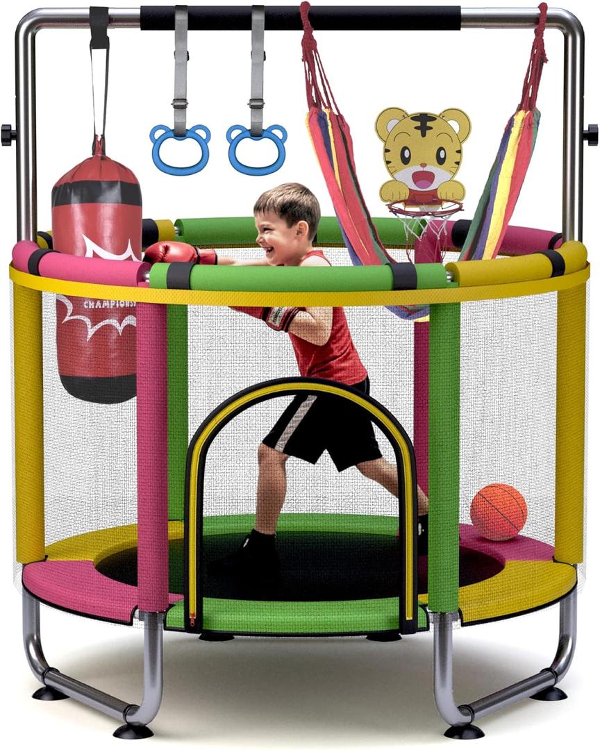 Trampoline for Kids 55inch Toddler Mini Small Trampoline Outdoor Indoor Basketball Hoop, Swing, Gift for Baby, Toddlers & Kids Ages 3-6