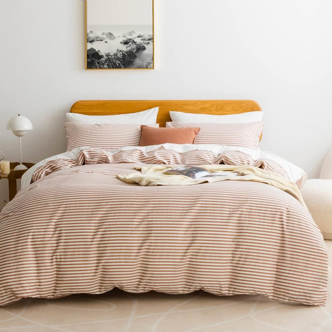 JELLYMONI 100% Natural Cotton 2pcs Striped Duvet Cover Sets,White Duvet Cover with Pink Stripes Pattern Printed Comforter Cover,with Zipper Closure & Corner Ties(Twin Size) (Twin(68"90"), 0902)