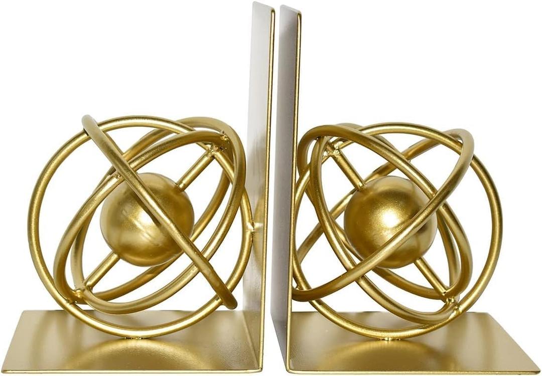 Gold Metal Bookends Set of 2, Heavy Duty Book Ends for Heavy Books, Unique Modern Geometric Ball Round Style Decorative Book Holders for Shelves Office Home Accent Decor1 Pair/2Pieces