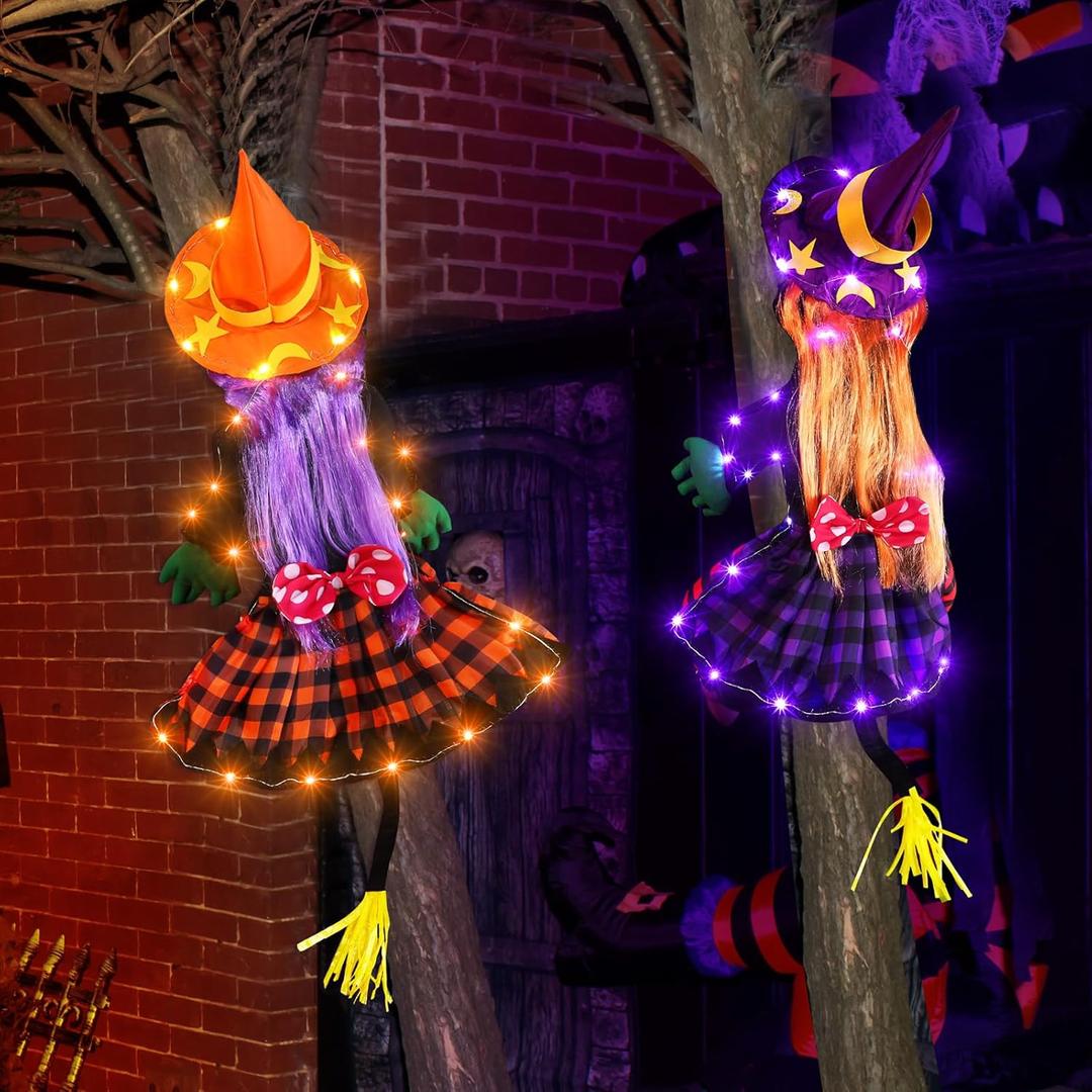 Jenaai 2 Pieces Halloween Crashing Witch into Tree Lighted Decorations(43 Inch Tall) LED Light Funny Purple Orange Halloween Witch Ornaments Hanging for Door Column Outdoor Garden Patio Porch Decor