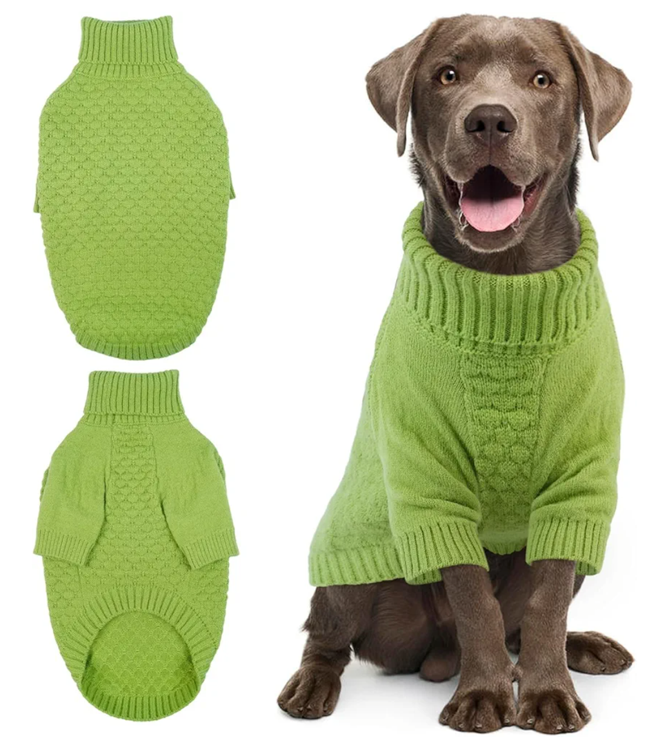 Kuoser Dog Sweater, Warm Winter Fall Turtleneck Knit for Large Dogs, Half Sleeves Dog Christmas Sweater for Girls Boys, Thick Thermal Pet Sweaters Cold Weather Pullover Clothes, Green XL