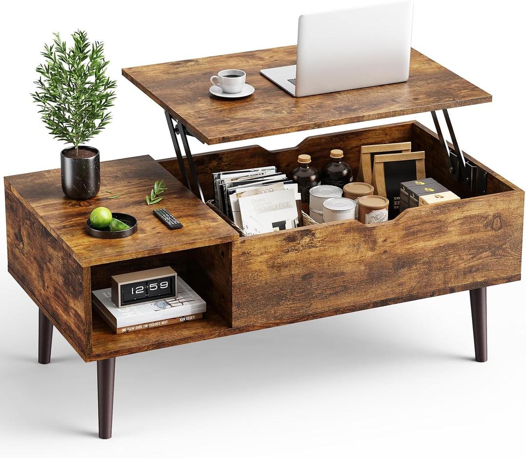 OLIXIS Wooden Coffee Table, Lift Top Coffee Table with Large Hidden Compartment and Ample Storage Shelf, Lift Tabletop Dining Table for Living Room, Home Small Space, Rustic (19.7 inches x 39.4 inches x 6.3 inches)