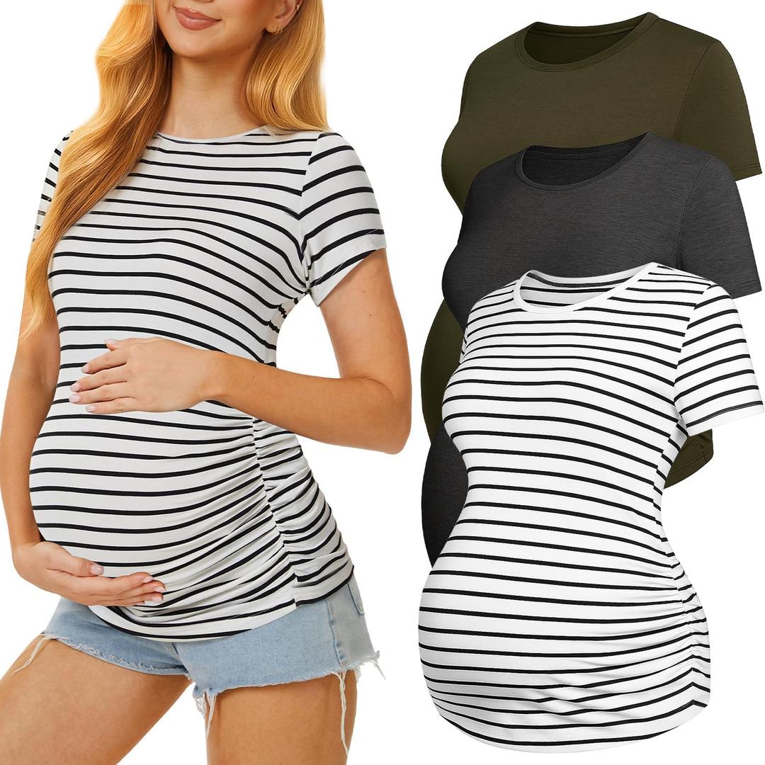 3 Pack Womens Maternity Shirts - Crew Neck Maternity Top Short Sleeve Pregnancy Tee Shirts, Medium