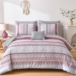Pink Comforter Set Queen Size,Boho Striped Bed in a Bag 8 Pieces,Paisley Soft Microfiber Bedding Comforter Set