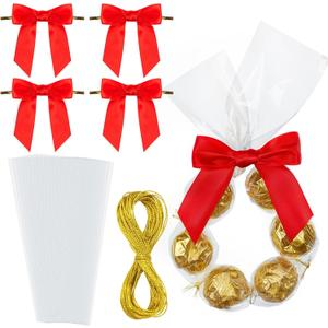 3 x Yexiya 50 Sets Valentines Wreath Candy Bags with Ribbon Bow Twist Ties and Long Clear Treat Bags for Party Favor Easter Wedding DIY Candy Wrapping Gifts Chocolate Bag(Red,2.4 x 21.7 Inch)