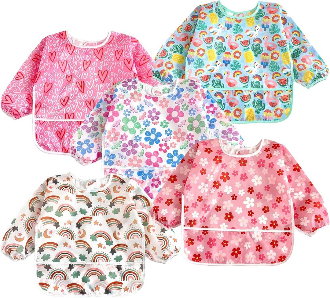 PandaEar 5 Pack Baby Long Sleeve Bibs| Waterproof Full Sleeve Bib for Baby Infant Toddler 6-36 Months (Pink)